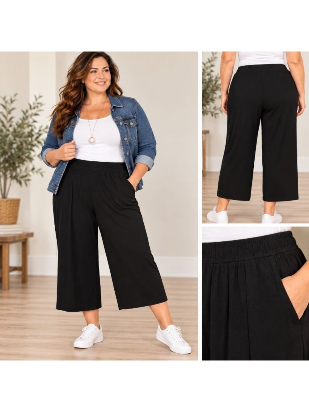 Nicole Miller Cropped Pants Womens 1X Black Pull On Wide Leg Stretch Plus Size